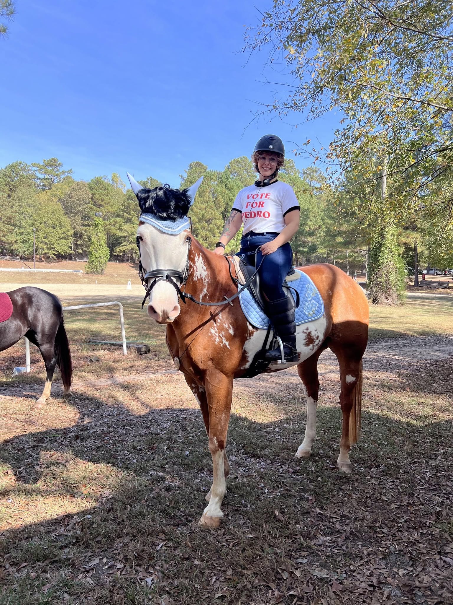 A smiling rider on a flashy paint horse, wearing a 'Vote for Pedro' shirt, on a sunny autumn day